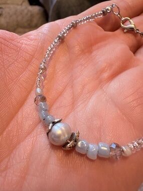 Handcrafted Pearl & Light Blue Bead Bracelet - Unbranded
